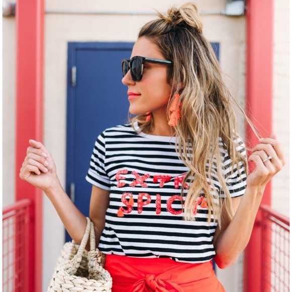 kate spade Tops - KATE SPADE “Extra Spicy” Tassel Black & White Striped Short Sleeve Top Size L